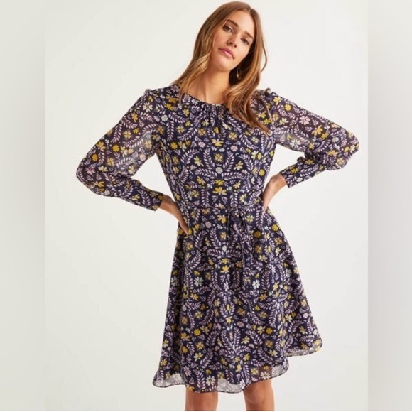 Boden Blossom Dress. Purple Navy Floral Sheer Long Sleeves. Size 16/18R. - Picture 3 of 12